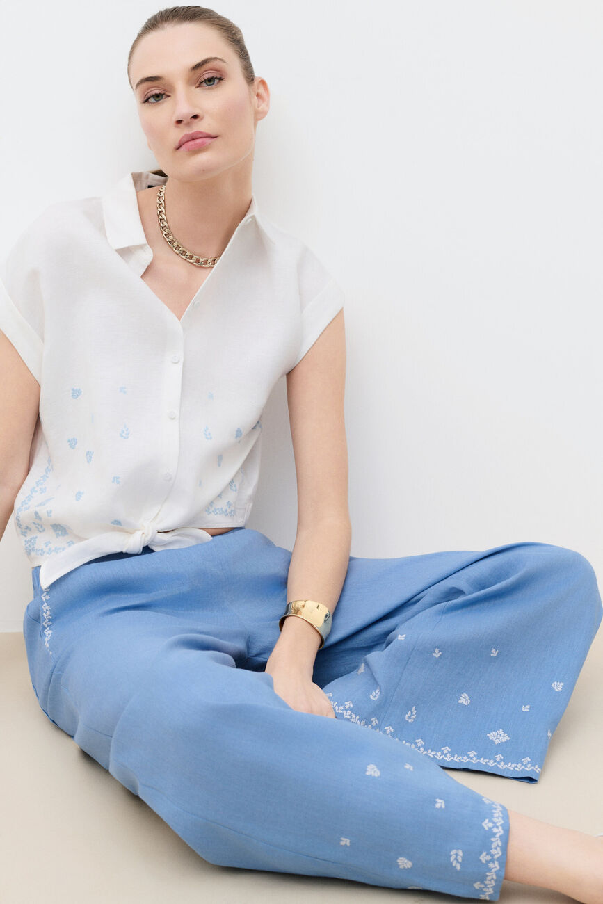 Pantaloni Pandabrode 100% lino blu grigio donna