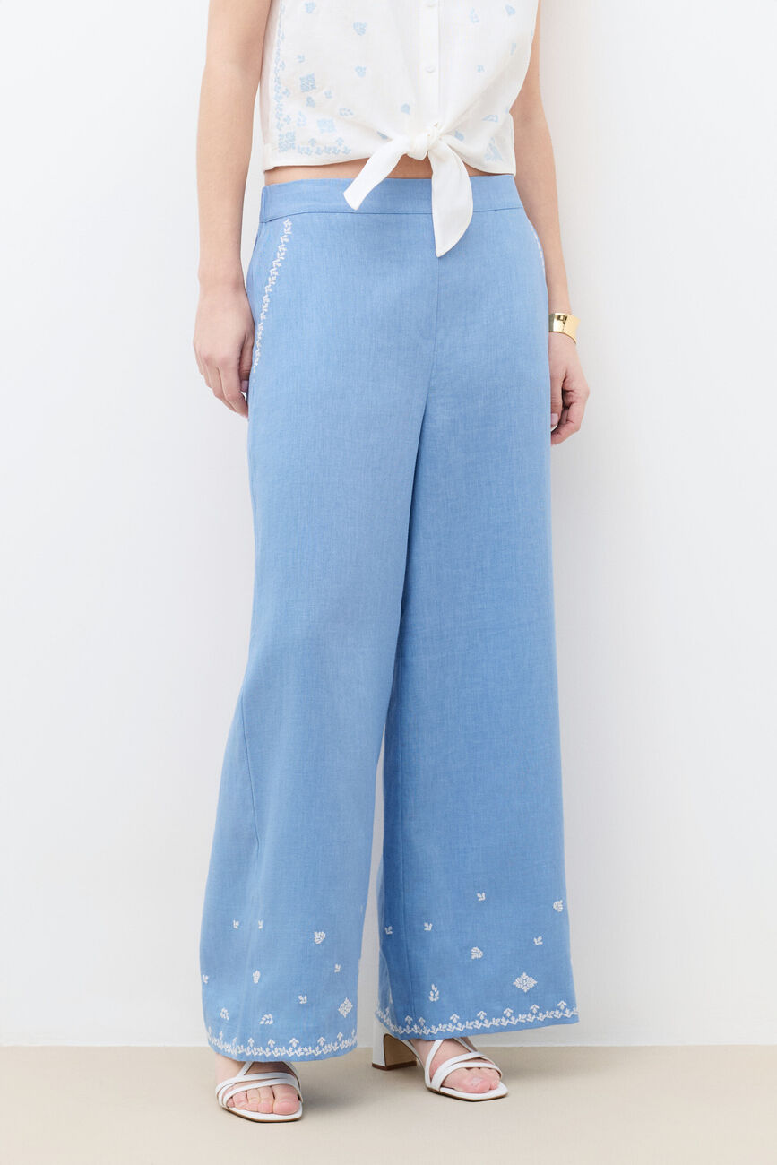 Pantaloni Pandabrode 100% lino blu grigio donna