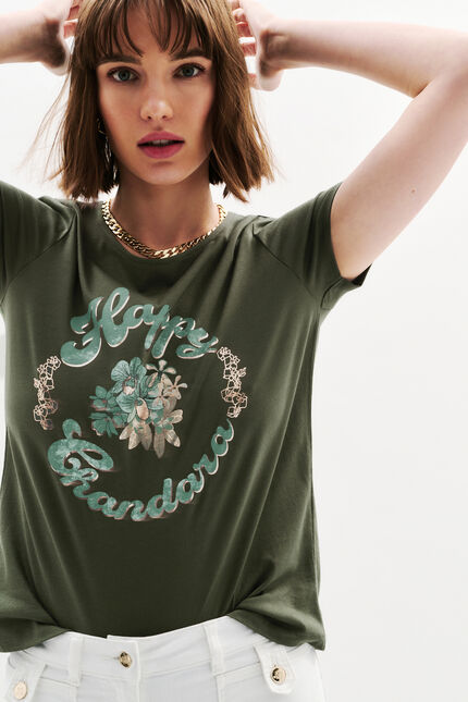 T-shirt Toutes &agrave; l'&eacute;cole Taxime Happy vert kaki femme