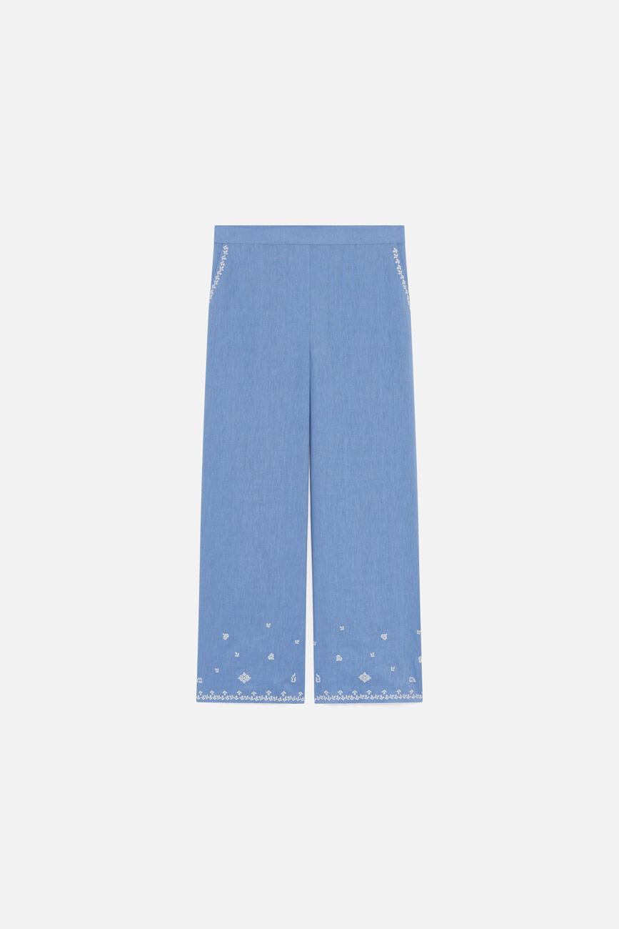 Pantaloni Pandabrode 100% lino blu grigio donna