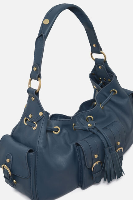 Sac Victoria en cuir naturel bleu marine femme
