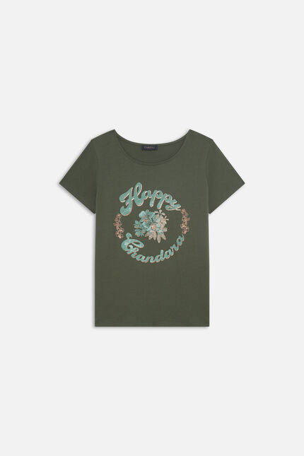 T-shirt Toutes &agrave; l'&eacute;cole Taxime Happy vert kaki femme