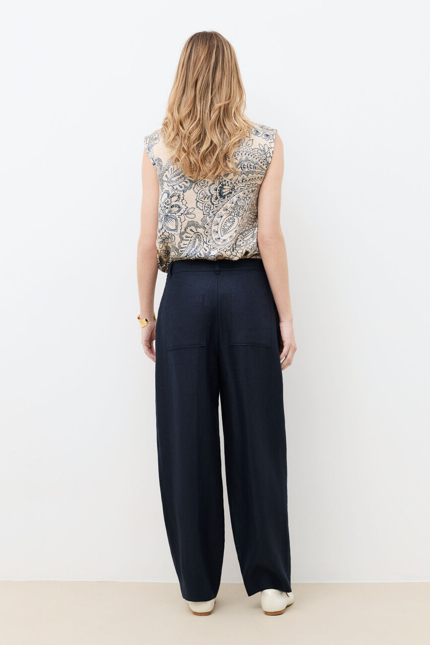 Partition trousers 100% linen navy blue woman