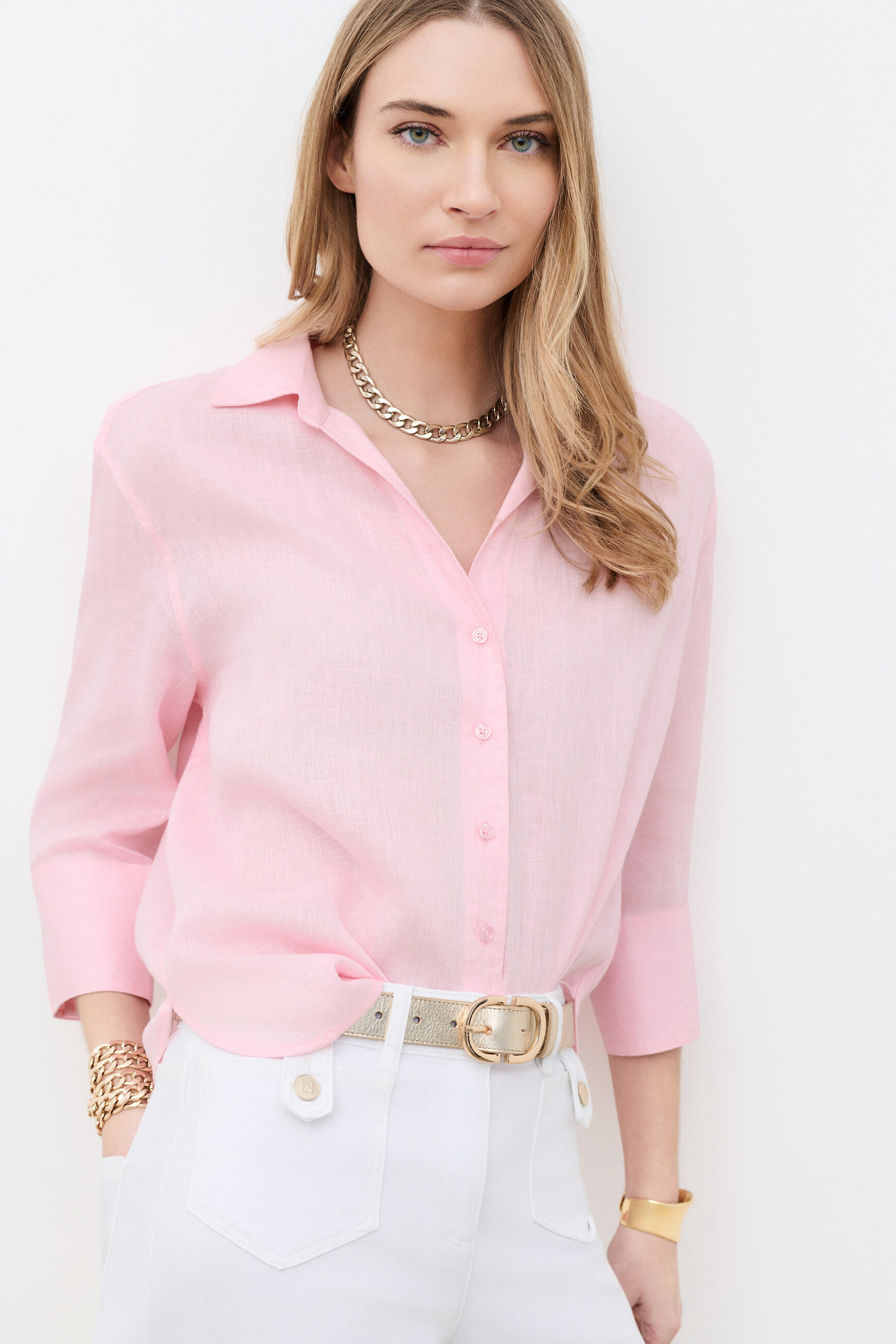 Camisa coraline 100% linho rosa claro mulher