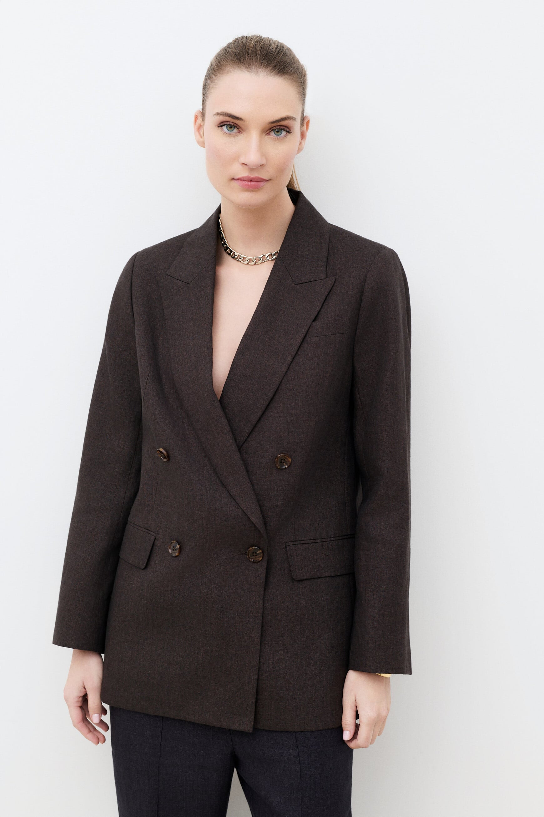 Blazer Virgule 100% lin marron fonc&eacute; femme