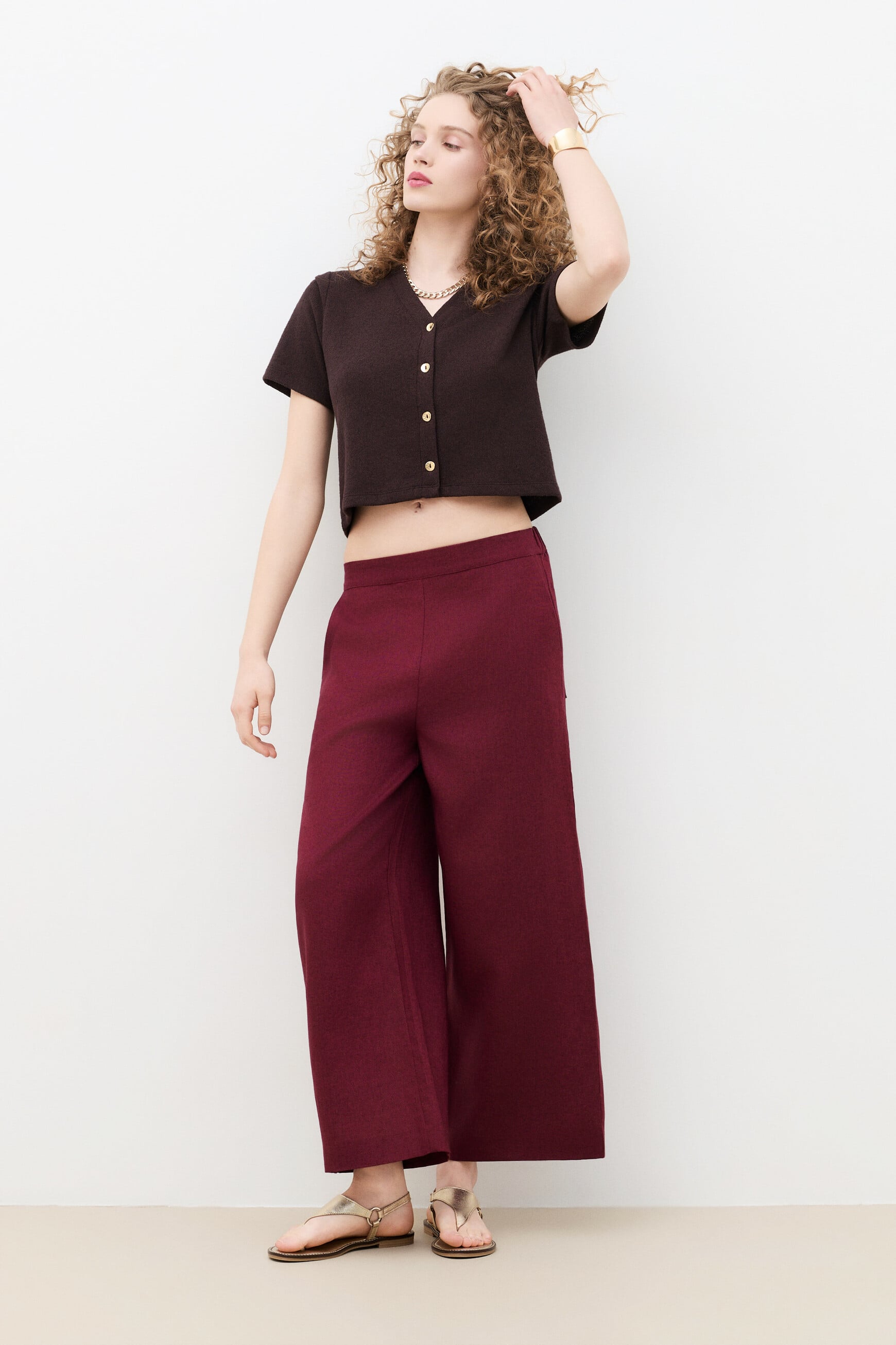 Pantalon pandi 100% lin bordeaux femme