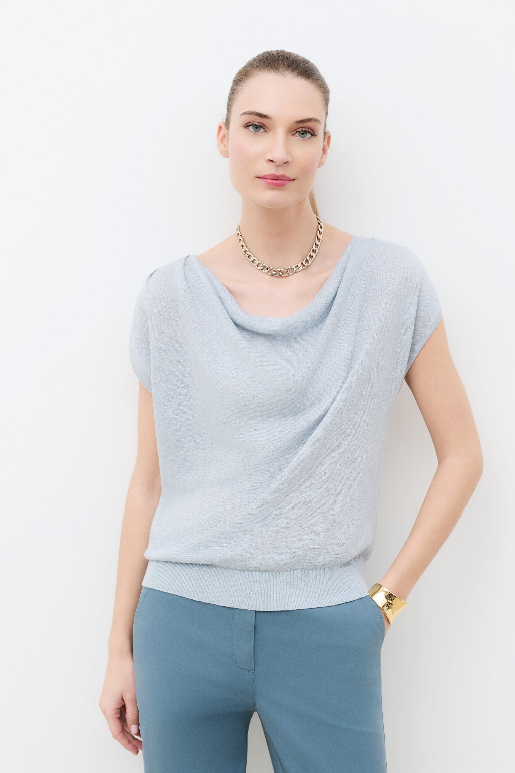 Jersey Mvera 100% lino azul pastel mujer